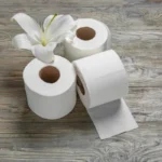 Rolls of toilet paper and flower on wooden background