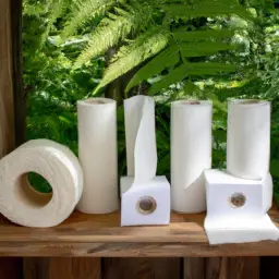 An image showcasing a variety of eco-friendly alternatives to traditional toilet paper, such as bamboo toilet paper, reusable cloth wipes, and bidets