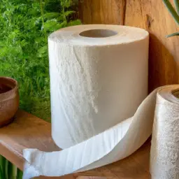An image showcasing the eco-friendly choice of corn husk toilet paper: a rustic bathroom scene with a roll of toilet paper made from dried corn husks, neatly placed on a wooden shelf amidst lush green plants and natural decor