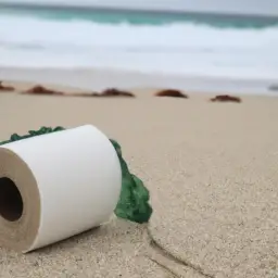 An image capturing the essence of eco-friendly seaweed toilet paper: a serene beach scene with waves gently crashing, showcasing a roll of seaweed toilet paper nestled on the sand, blending harmoniously with the natural environment