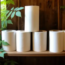 An image showcasing a stack of soft, eco-friendly toilet paper rolls made from 100% recycled paper, neatly arranged on a rustic wooden shelf, surrounded by lush green plants, emphasizing sustainability and environmental consciousness