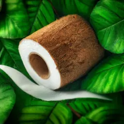 An image that showcases the eco-friendly qualities of coconut husk toilet paper, with a close-up shot of a soft and textured roll, surrounded by vibrant green coconut husks and leaves, evoking a tropical paradise
