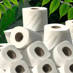 An image showcasing a stack of soft, white toilet paper rolls made from 100% recycled paper, surrounded by lush green leaves, symbolizing eco-friendliness and promoting sustainable alternatives
