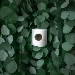 An image showcasing a lush eucalyptus forest with a soft, eco-friendly toilet paper roll nestled amidst the branches