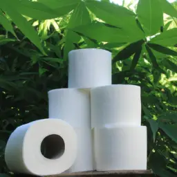 An image showcasing refreshing alternatives to cotton toilet paper, featuring a stack of luxurious bamboo rolls, a soft and sustainable hemp roll, and a roll made from recycled paper, all surrounded by lush green leaves