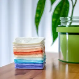 An image showcasing a stack of soft and colorful reusable cloth wipes neatly folded, complemented by a glass jar filled with small cloth wipes, all placed on a wooden countertop with a leafy potted plant in the background