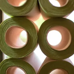An image showcasing a stack of bamboo toilet paper rolls wrapped in biodegradable packaging