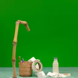 An image showcasing a bathroom scene with a bamboo toilet paper roll, surrounded by discarded plastic items like straws, bottles, and bags