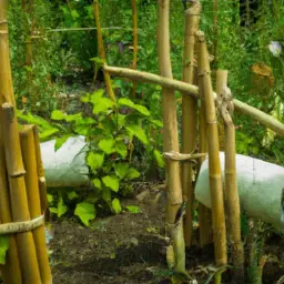 An image showcasing a lush, flourishing garden where discarded bamboo toilet paper is transformed into rich compost