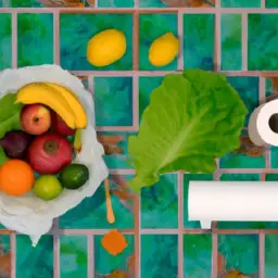 An image showcasing a kitchen countertop filled with vibrant fruits and vegetables, surrounded by compost bins and a bamboo toilet paper roll