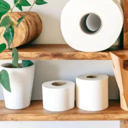 An image showcasing a clutter-free bathroom with a rustic wooden shelf adorned with a stack of eco-friendly bamboo toilet paper rolls, surrounded by potted plants and reusable essentials, inspiring a zero-waste lifestyle
