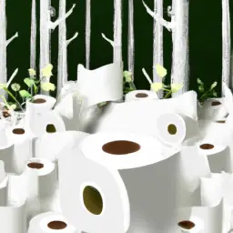 An image showcasing the ecological impact of traditional toilet paper by depicting a lush forest devastated by chemical pollution