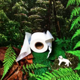 An image that depicts a dense forest teeming with diverse wildlife, with a discarded roll of traditional toilet paper nestled among the flora