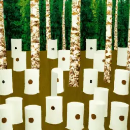 An image depicting a dense forest with towering trees, their trunks wrapped in rolls of toilet paper, symbolizing the environmental consequences of traditional toilet paper production