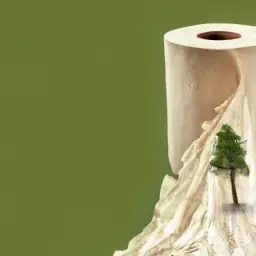 An image depicting a lush forest with a towering tree being cut down, symbolizing the destructive link between conventional toilet paper and deforestation