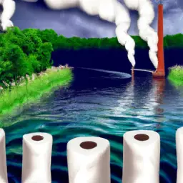 An image depicting a pristine river surrounded by lush greenery, tainted by dark, billowing smokestacks in the distance