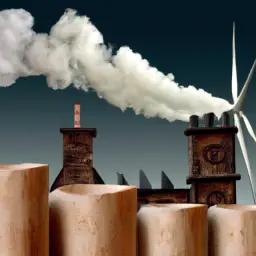 An image depicting a factory emitting billows of dark smoke, surrounded by towering stacks of logs