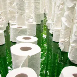 An image showcasing a lush, vibrant forest entirely made of rolls of conventional toilet paper