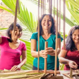 An image showcasing a diverse group of artisans in a bamboo workshop, collaborating and crafting beautiful products