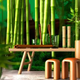 An image showcasing a lush bamboo forest with a variety of bamboo products, such as furniture, flooring, and utensils, subtly integrated into the scenery