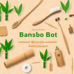 An image showcasing a lush bamboo forest, where bamboo products are depicted in various forms: eco-friendly toothbrushes, kitchen utensils, flooring, furniture, clothing, paper, straws, packaging, and skincare products