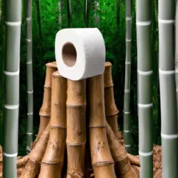 An image depicting a dense forest with tall bamboo trees standing majestically, while a roll of bamboo toilet paper gently rests on a tree stump, symbolizing the reduction of deforestation through eco-friendly alternatives