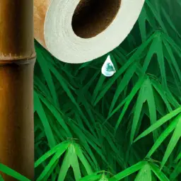 An image depicting a serene bathroom scene with a bamboo toilet paper roll and a droplet of water falling into a bamboo forest, symbolizing the eco-friendly impact of using bamboo toilet paper on water conservation