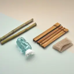 An image showcasing two distinct piles of waste: one composed of traditional personal care packaging, overflowing with plastic bottles and tubes, and the other consisting of biodegradable bamboo alternatives, neatly stacked and untouched by decomposition