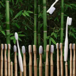 An image showcasing a lush green forest scene with bamboo shoots towering over traditional personal care products like plastic toothbrushes and cotton swabs