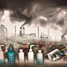 An image showcasing a dense factory emitting toxic fumes into the atmosphere, while plastic bottles and containers overflow from a landfill nearby, highlighting the negative environmental impact of traditional personal care products