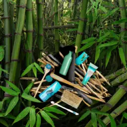 An image showcasing a lush green bamboo forest juxtaposed with a pile of discarded plastic personal care products, highlighting the contrast between eco-friendly bamboo and traditional plastic options