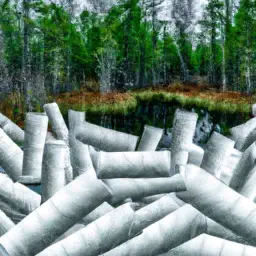 An image depicting a dense forest being cleared for toilet paper production, with piles of discarded plastic toilet paper packaging polluting nearby water bodies, highlighting the devastating environmental impact of traditional toilet paper