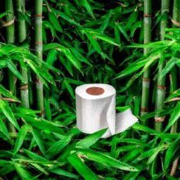 An image showcasing a serene, lush bamboo forest with a roll of bamboo toilet paper nestled among the vibrant green leaves