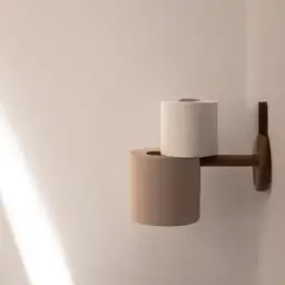 An image showcasing a serene bathroom scene with a sleek, eco-friendly bamboo toilet paper roll placed on a minimalist holder