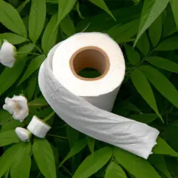 An image showcasing a roll of bamboo toilet paper partially unraveled, surrounded by lush green foliage and delicate flowers, symbolizing the biodegradable nature of bamboo toilet paper and its positive impact on the environment