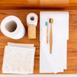 An image showcasing an assortment of sustainable bathroom products, including bamboo toilet paper, recycled plastic toothbrushes, and organic cotton towels