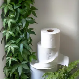 An image featuring a bathroom filled with lush green plants, where a roll of toilet paper made from recycled materials is prominently displayed, showcasing a sustainable and eco-friendly alternative for a greener bathroom routine