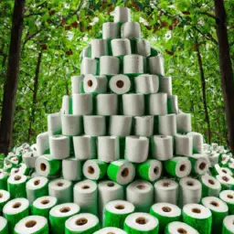 An image showcasing a lush, dense forest filled with vibrant trees, their leaves transformed into rolls of sustainable toilet paper