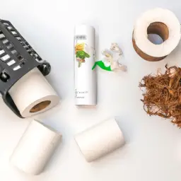 An image showcasing a close-up shot of a toilet paper roll made from recycled materials, surrounded by a compost bin filled with organic waste, to visually illustrate the process of identifying truly biodegradable toilet paper