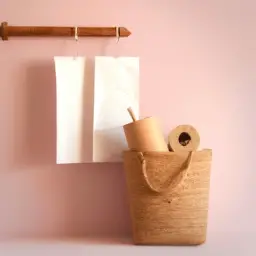 An image showcasing a serene bathroom scene with a wooden toilet paper holder, neatly stacked eco-friendly toilet paper rolls, and a reusable fabric toilet paper bag hanging nearby, emphasizing sustainability and mindful choices