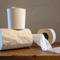 An image showcasing a serene bathroom environment with a roll of biodegradable toilet paper, accompanied by a compost bin filled with used TP, emphasizing how biodegradable TP aids in waste reduction