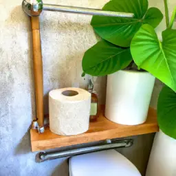 an image of a serene bathroom oasis, adorned with lush green plants, a wooden compost bin filled with biodegradable toilet paper rolls, and a stylish bamboo toilet brush, highlighting the eco-friendly elements of a sustainable bathroom