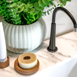 An image showcasing a bathroom countertop adorned with a stylish bamboo toothbrush, eco-friendly refillable soap dispenser, and a roll of biodegradable toilet paper, all surrounded by lush green plants