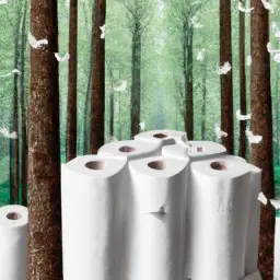 An image depicting a lush forest with towering trees being transformed into toilet paper, symbolizing the environmental impact of traditional manufacturing