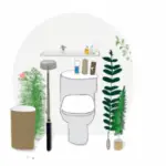 An image of a stylish and serene bathroom, featuring a sleek composting toilet, a modern water-saving showerhead, bamboo toothbrushes, recycled toilet paper, and a collection bin for recyclable items, surrounded by lush plants