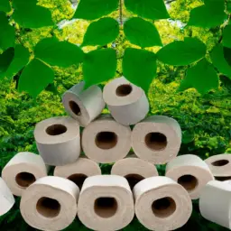 An image of a stack of unbleached, recycled toilet paper rolls with a vibrant green leaf pattern, placed against a backdrop of a lush forest