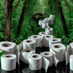 An image featuring a lush, verdant forest surrounded by clear streams, juxtaposed with a pile of discarded non-recyclable toilet paper rolls, highlighting the stark contrast between environmentally-friendly choices and their destructive counterparts