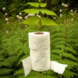 An image showcasing a lush, thriving forest with a toilet paper roll made entirely of leaves, symbolizing the benefits of biodegradable toilet paper in preserving nature's beauty