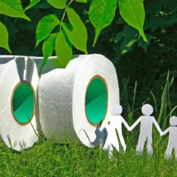 An image depicting a family happily using environmentally-friendly toilet paper, surrounded by lush greenery and a recycling bin nearby, showcasing the positive impact of sustainable consumer choices