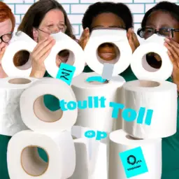 An image featuring a diverse group of individuals happily using environmentally-friendly toilet paper in a modern bathroom setting